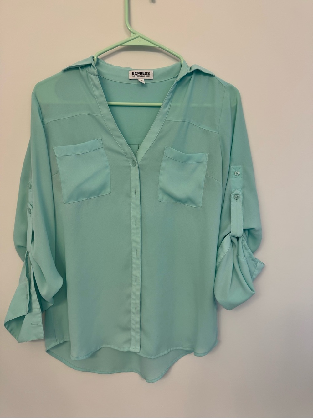 Express Women's The Portofino Mint Green/Blue Button-Front Blouse XS